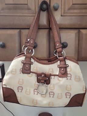 Etienne Aigner Cream & Brown Monogram Shoulder Bag